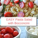 A large salad bowl filled with fusilli pasta, sliced cherry tomatoes, and bocconcini balls.