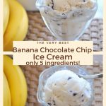 A parfait glass filled with banana chocolate chip ice cream with a serving spoon.