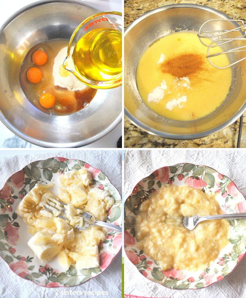 One large mixing bowl with wet ingredients to blend, and a small bowl, and fork mashing a banana.