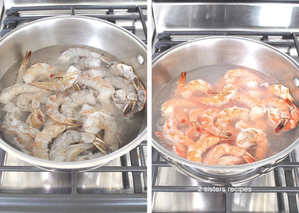 Shrimp in boiling water in a large pot on stove top. by 2sistersrecipes.com 