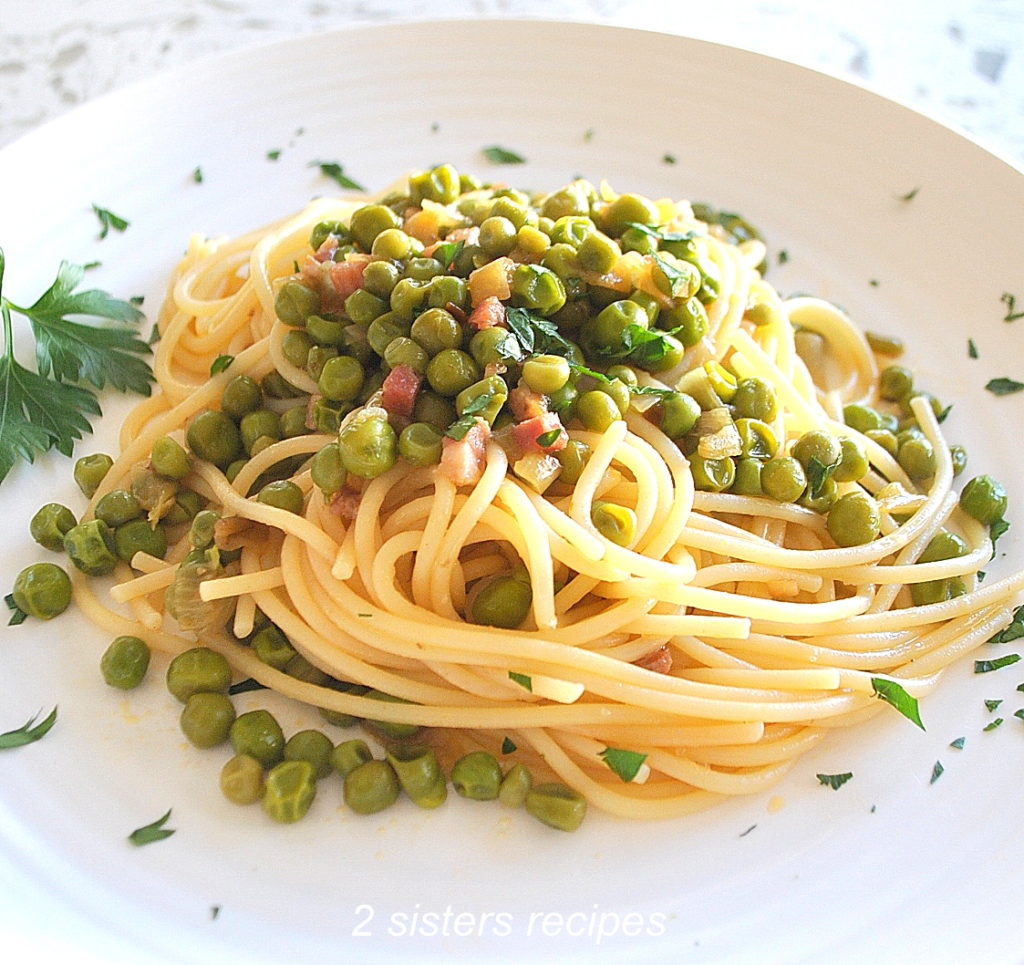 Spaghetti Tossed with Peas Onions and Pancetta by 2sistersrecipes.com