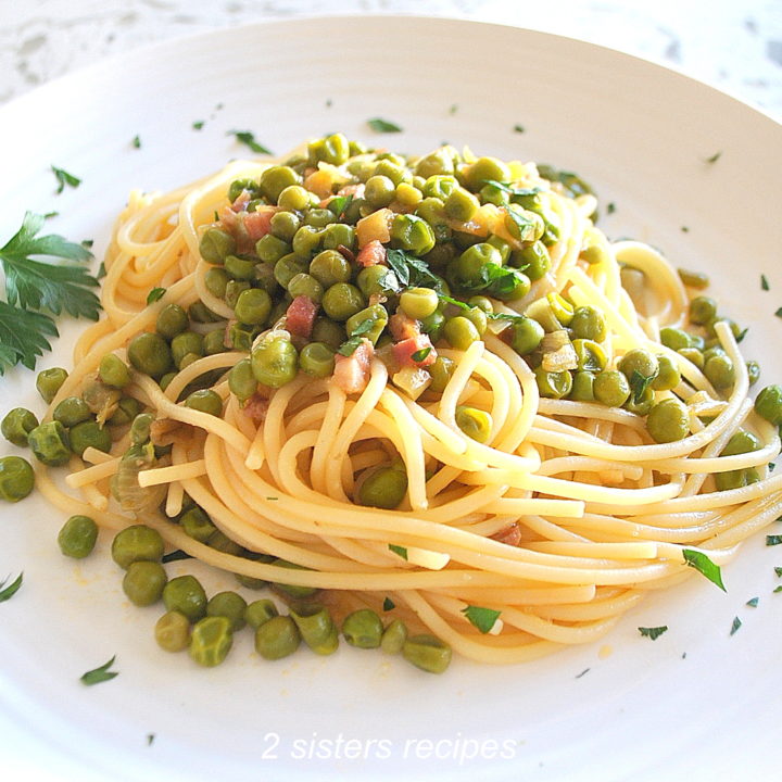 Spaghetti Tossed with Peas Onions and Pancetta by 2sistersrecipes.com