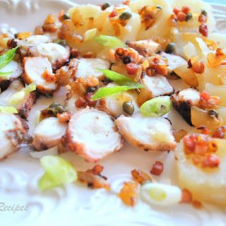 Grilled Octopus with Potatoes, Onions and Pancetta by 2sistersrecipes.com