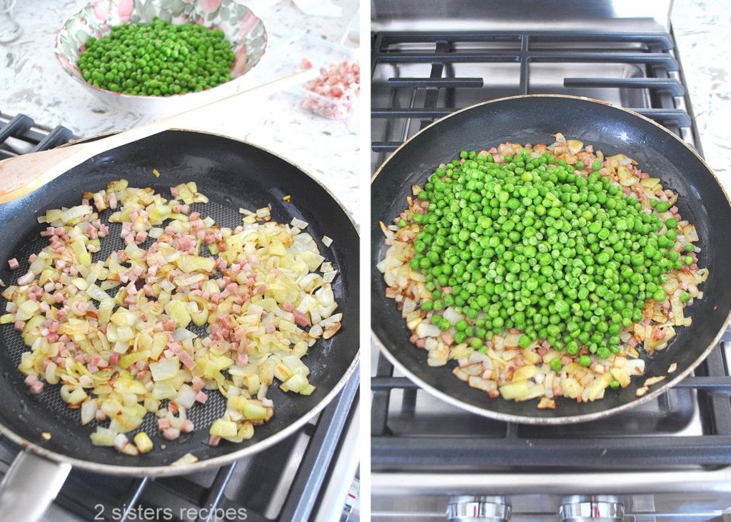 Skillet sauteing the onions and then with the peas, by 2sistersrecipes.com 