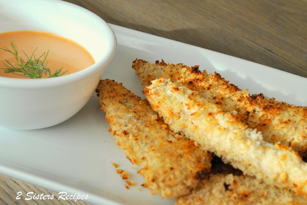 Oven-Fried Chicken Fingers with Sriracha Dipping Sauce. by 2sistersrecipes.com