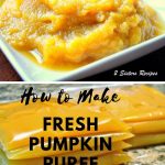 A white bowl filled with pumpkin puree, and storing them inside zip-lock bags to freeze.