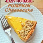 A slice of pumpkin cheesecake with crushed walnuts on top on a white dish.