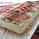 A white rectangular platter with a cake covered in whipped cream, powdered cocoa and candy canes across the top.