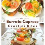 A white platter with sliced bread topped with burrata cheese and cherry tomatoes.