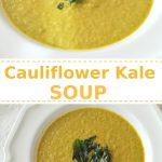 A white bowl of pureed cauliflower kale soup with crunchy kale topping.
