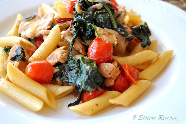 Penne Tossed with Sauteed Chicken, Kale and Cherry Tomatoes by 2sistersrecipes.com 
