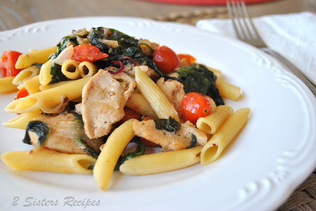 Penne Tossed with Sauteed Chicken, Kale and Cherry Tomatoes by 2sistersrecipes.com 