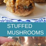 Easy Stuffed Mushrooms are served on a blue and white plate.