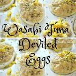 A platter filled with deviled eggs topped with a few crumble eggs on top.