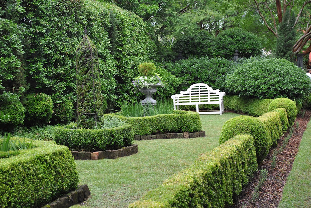 A long narrow garden along the driveway of a home, all greenery and well manicured.