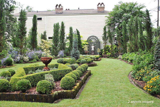 A backyard beautifully planned landscape with miniature shrubs and tall Italian trees.