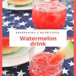 A glass of watermelon juice served with a slice of watermelon on the rim of the glass.