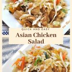 A white plate filled with shredded cabbage, pieces of chicken, shredded carrots and nuts.