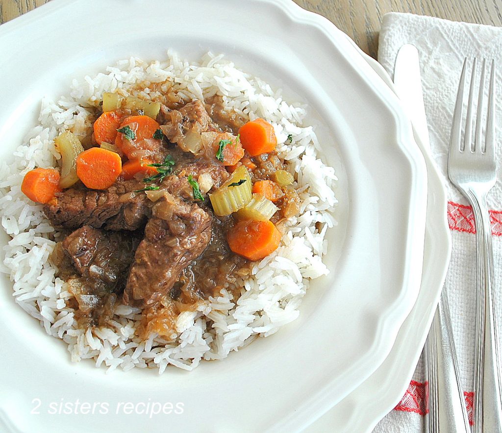 Meat stew in half the time! Served with rice for 2sistersrecipes.com