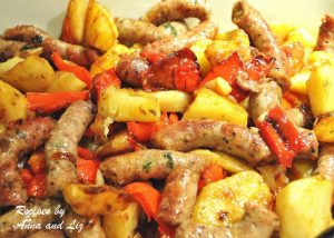 Oven-Baked Thin Sweet Sausages, Red Peppers, and Potato Casserole