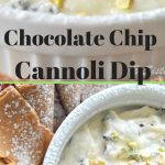 Chocolate chip cannoli dip is served with crushed pistachios on top and sugar cones for dipping.