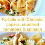 A white dish filled with farfalle pasta, pieces of cooked chicken, capers, spinach and sundried tomatoes.