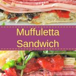 A large sandwich filled with Italian cured meats, cheeses, peppers, chopped olives, and arugula.