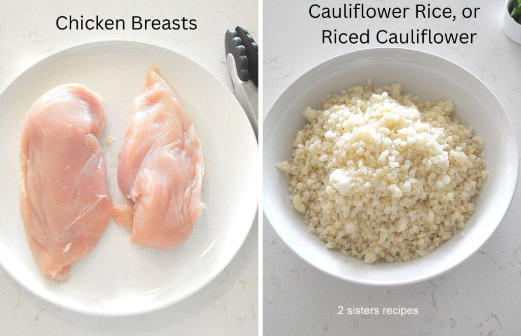A plate with 2 large raw chicken breasts, and a bowl filled with cauliflower rice.
