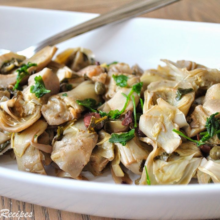Artichoke Hearts Steamed with Olives, Capers and Garlic