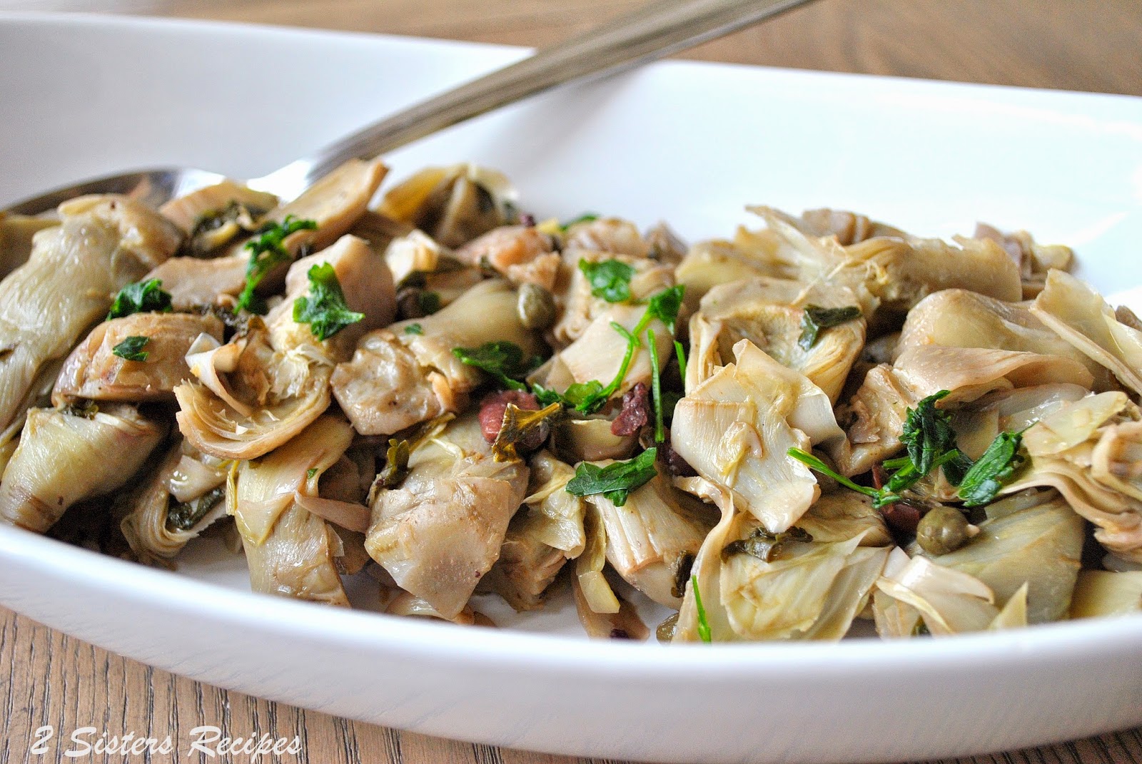 Artichoke Hearts Steamed with Olives 2 Sisters Recipes by Anna and Liz