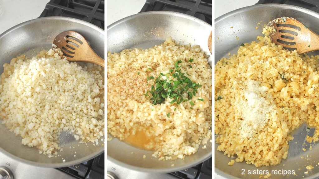 Three steps to cook cauliflower rice in a silver skillet. 
