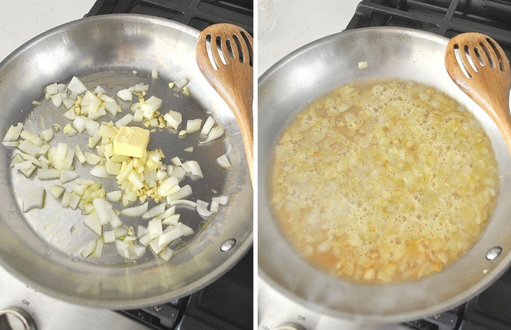 A large skillet with raw chopped onions sautéing and white wine added.