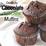 Three chocolate muffins are displayed on a white plate.