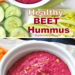 white bowl filled with a hot pink color hummus with fresh veggies on the side for dipping.
