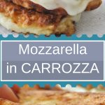 Three little crispy sandwiches with melted cheese in the center piled on top of one another.