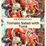 A colorful salad bowl filled with sliced tomatoes, chunks of tuna and sliced red onions.