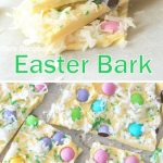 White chocolate pieces topped with pastel colored M&M candies, shredded coconut and green sparkling sugar.
