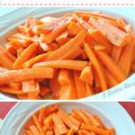 A white bowl filled with a carrots sticks salad.