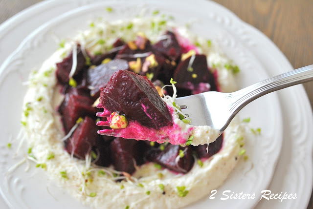 A forkful with beet and some ricotta on it. by 2sistersrecipes.com