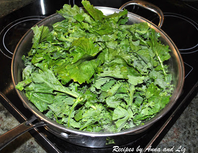 Chopped broccoli is added to the skillet on the stovetop.