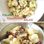 A mixing bowl filled with ingredients for a cauliflower salad.