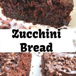 A chocolate bread sliced on a white platter and its topped with chocolate ganache and mini chocolate chips.