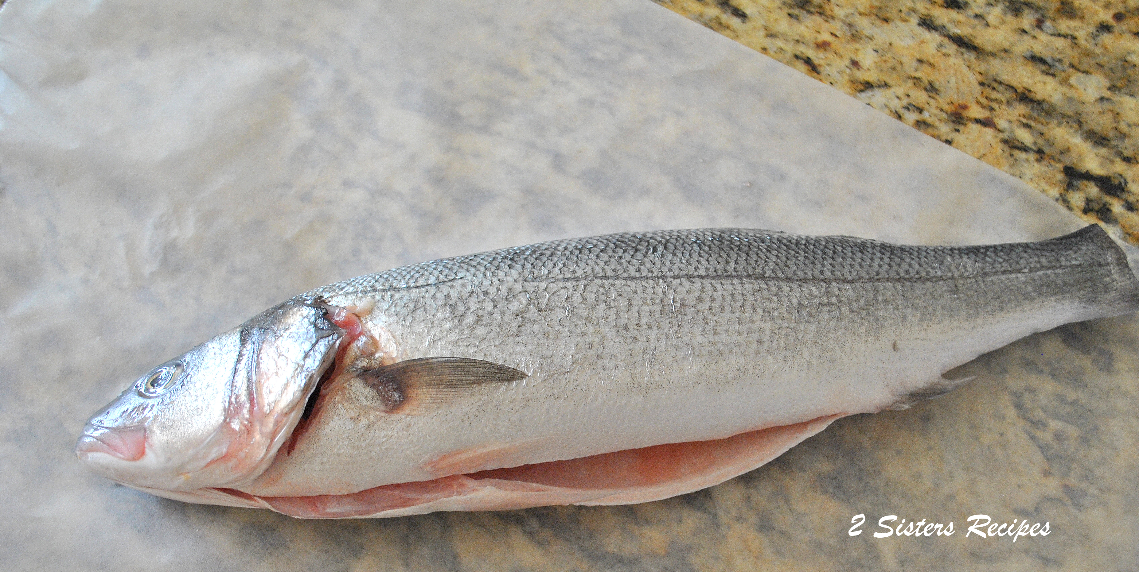 one whole branzino fish on the table by 2sistersrecipes.com 