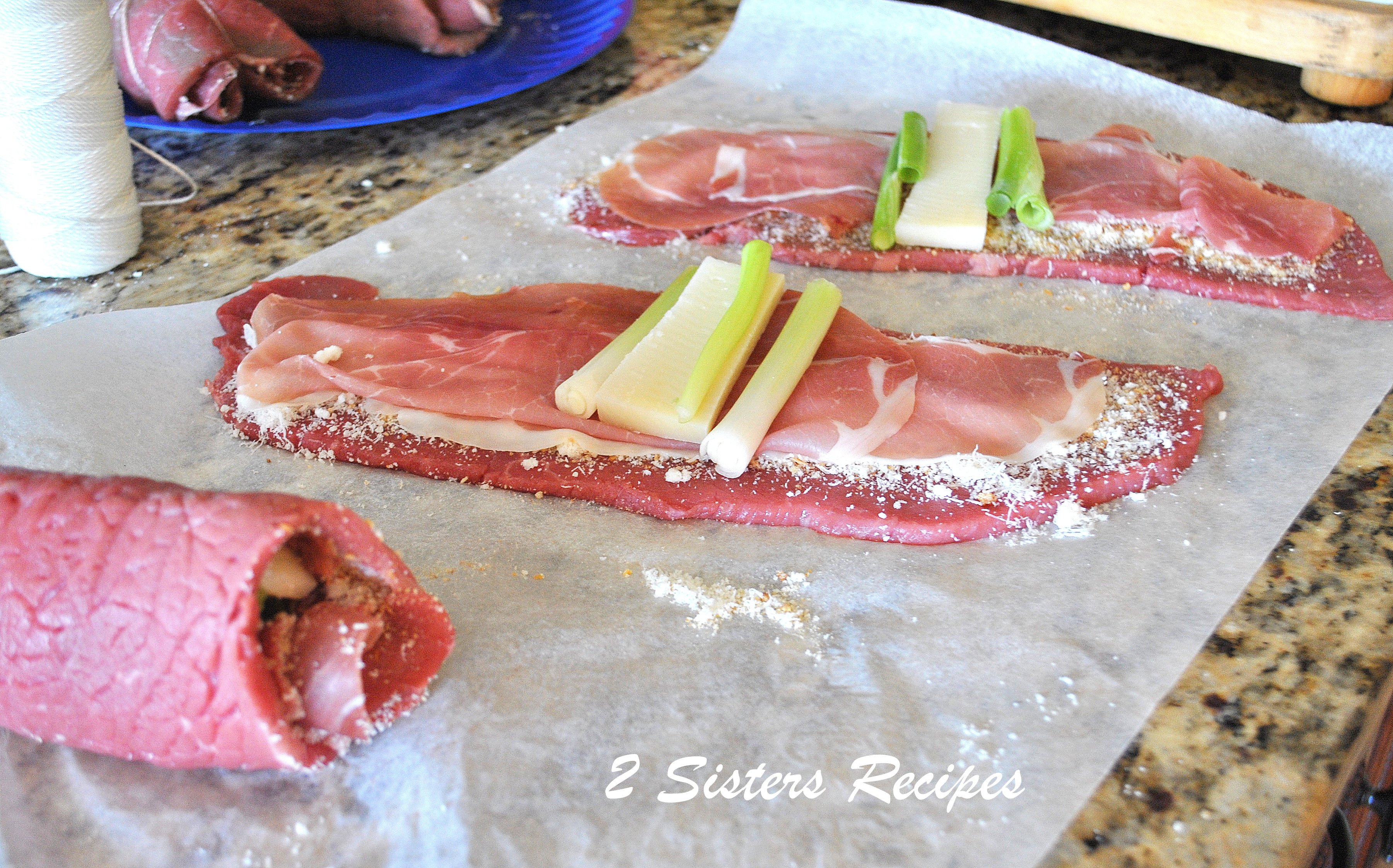 Steps of how to roll the sliced meat stuffed for Braciole