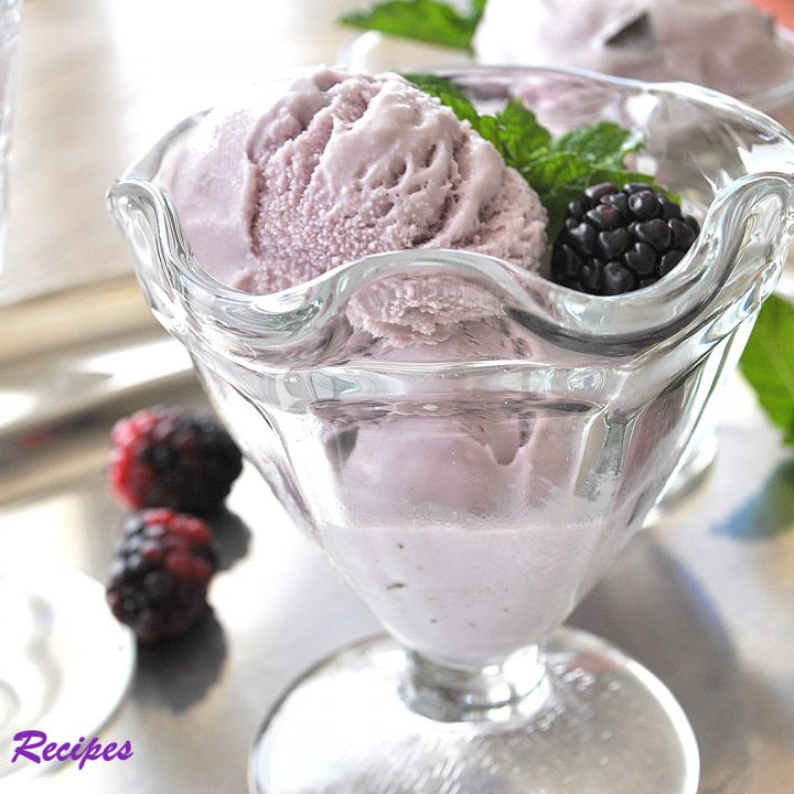 A dessert glass with some blackberry gelato and fresh blackberry and mint leaf in it. by 2sistersrecipes.com
