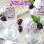 Three glasses filled with blackberry gelato with fresh blackberries.