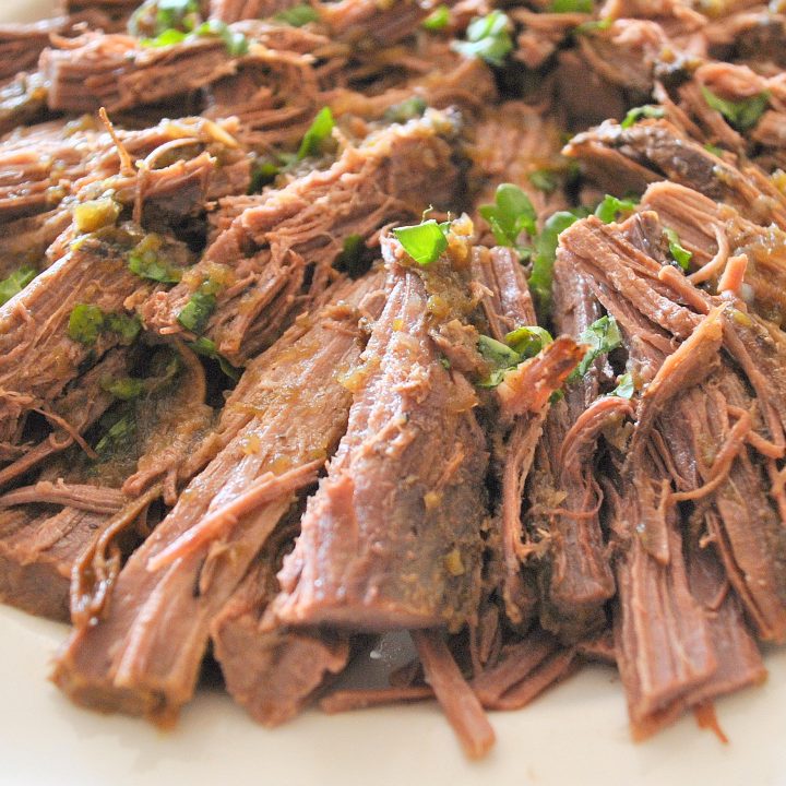 Cut into pieces brisket and laid on a white plate for serving.