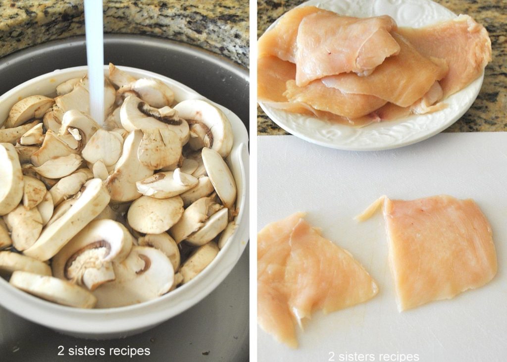 rinsing mushrooms and cutting chicken cutlets on board, by 2sistersrecipes.com 