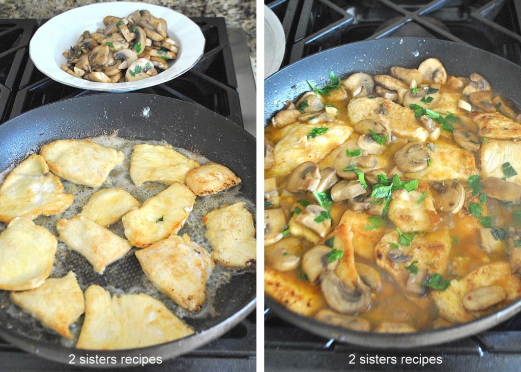 2 photos with large skillet sautéing chicken. by 2sistersrecipes.com