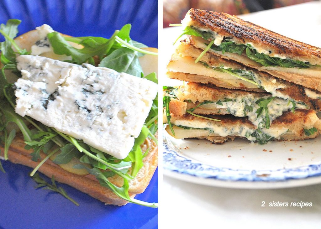  2 photos, one open sandwich, and the other is a Grilled Cheese and Pear Sandwich cut into halves.  by 2sistersrecipes.com